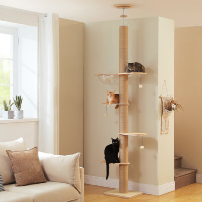 Adjustable Height (79-103 Inch) Beige Wooden Tall Cat Tree