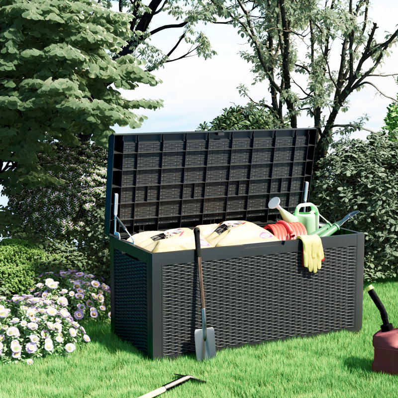 Coffre de terrasse verrouillable en résine imperméable avec coussin de siège Devoko 100 gallons, Noir