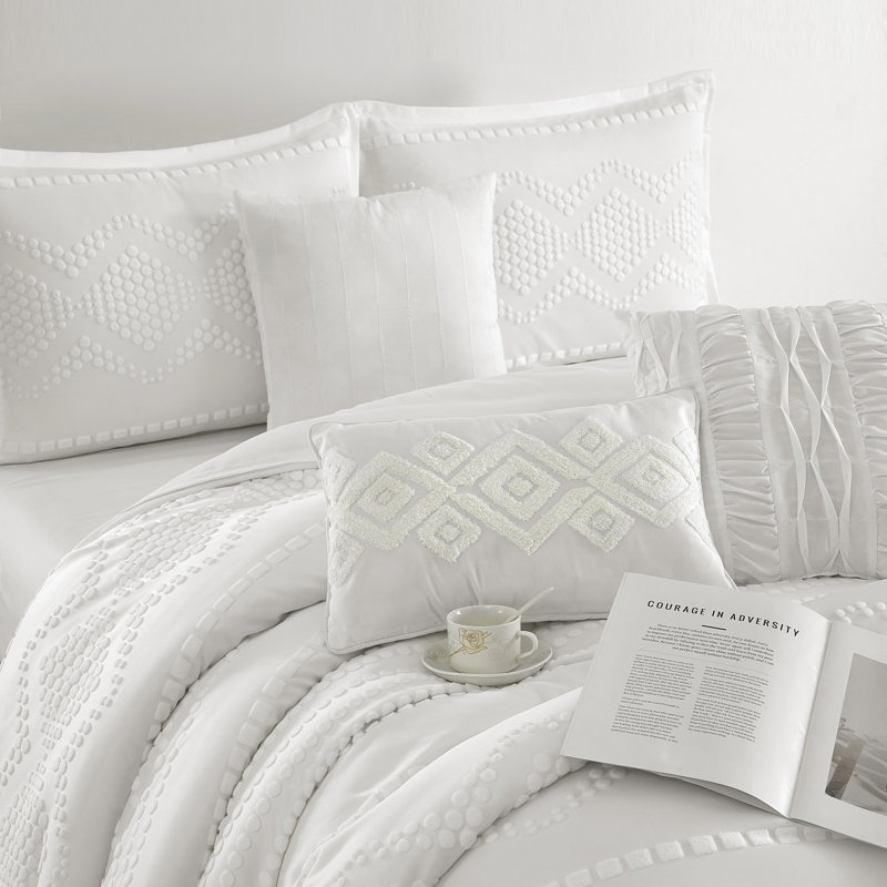 Ensemble d'édredon jacquard géométrique 7 pièces Whki, Blanc, Très grand lit