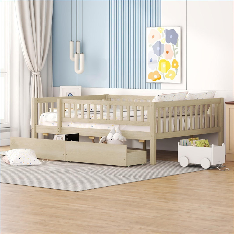 Natural-toned Solid Wood Full Size Platform Daybed with Two Storage Drawers, Versatile for Living Rooms and Guest Bedrooms