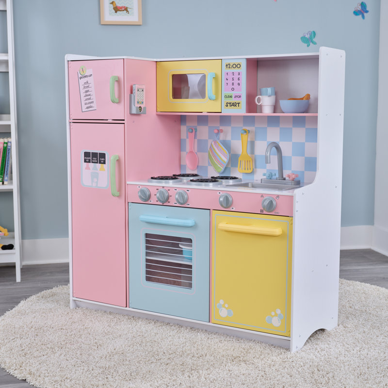 Grande cuisine de jeu en bois de couleur pastel avec boutons rotatifs et téléphone pour jouer