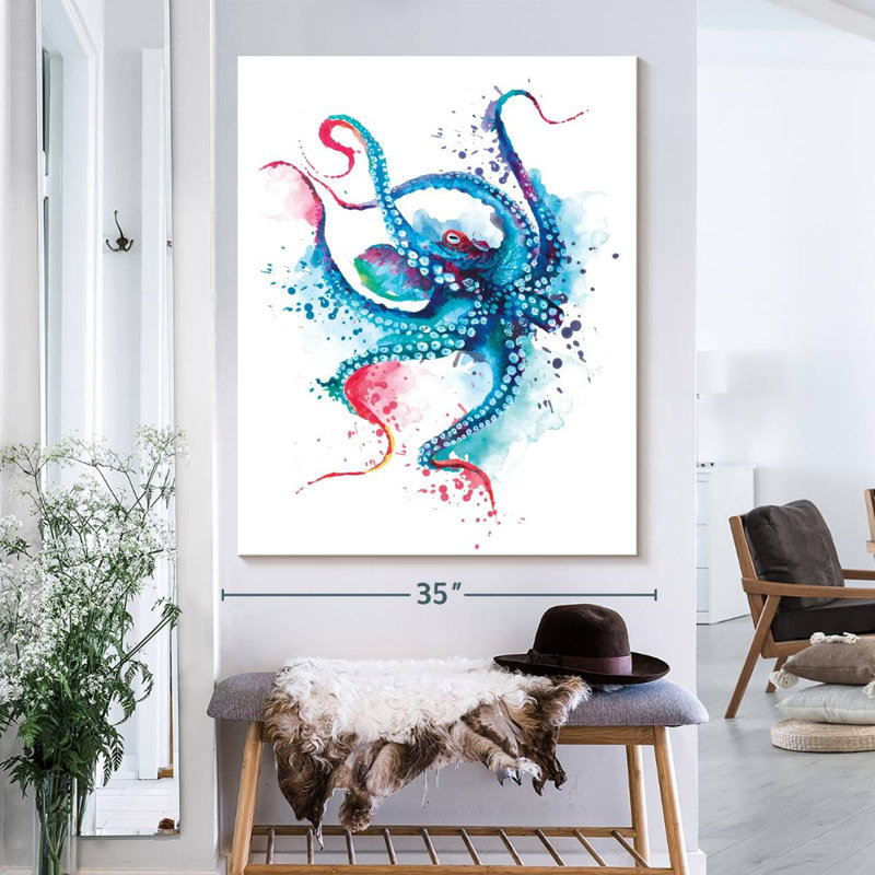 Blue Octopus Splash sur impression sur toile, H 40 po x l 32 po x P 1,25 po