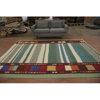 Charming Striped Kilim Area Rug 8x10 with Colourful Geometric Border