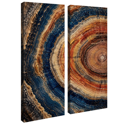 Bagues en pierre superposée bleu rouille et marron – Motif abstrait naturel – Ensemble de 2 impressions d'art encadrées sur toile 32 po x 12 po x 2 po