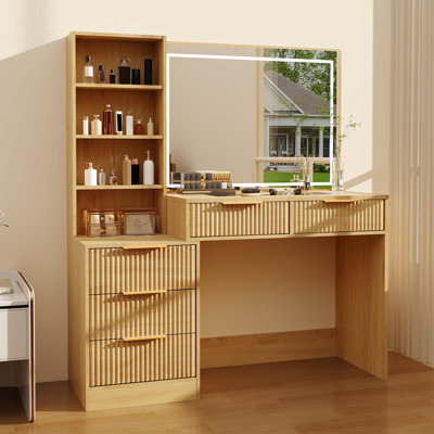 Grande coiffeuse de 48 po avec prises de courant et ports USB, bureau de maquillage cannelé avec grand miroir de 36 po, 5 tiroirs de rangement et plateau en verre, ensemble de coiffeuse en chêne moderne pour femmes et filles, grande capacité