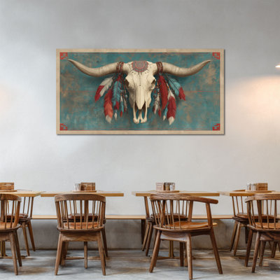 CXVU, très grand art mural sur toile de taureau, impression de crâne de taureau, plume amérindienne, déclaration artistique rustique, décor pour salon, chambre, bureau, 24 x 47