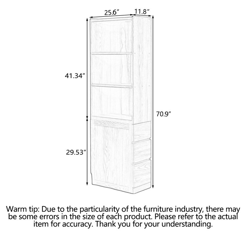 Narrow Solid Wood Display Cabinet with Side Drawers, (3 Shelves) 70.9"H x 25.6"W x 11.8"D, Brown