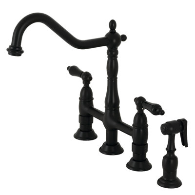 Kingston Brass Duchess Two-Handle 4-Hole Deck Mount Bridge Kitchen Faucet with Brass Side Sprayer