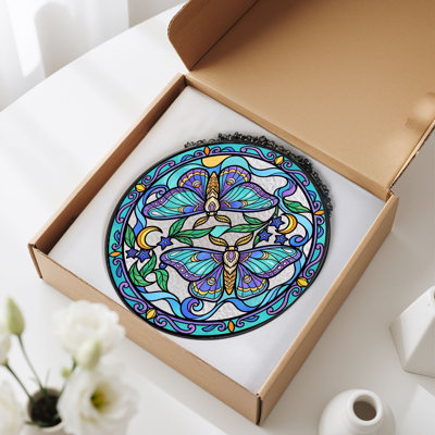 Moth Moon Stained Glass Window Panel，12"H