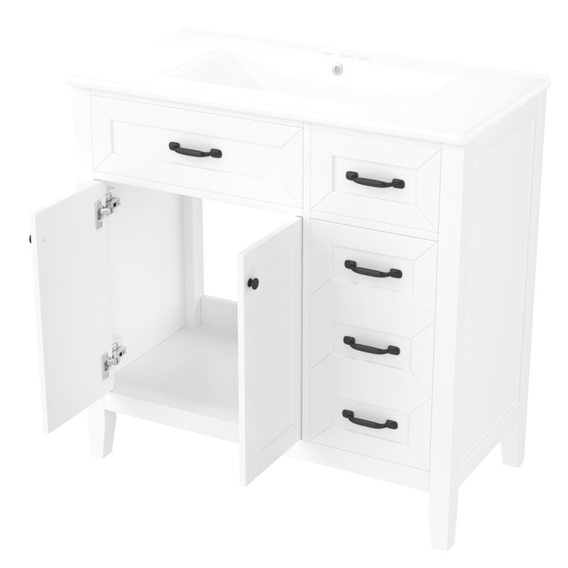 Armoire de salle de bain 36 po blanche - autoportante avec lavabo et tiroirs en céramique, lavabo moderne, Blanc