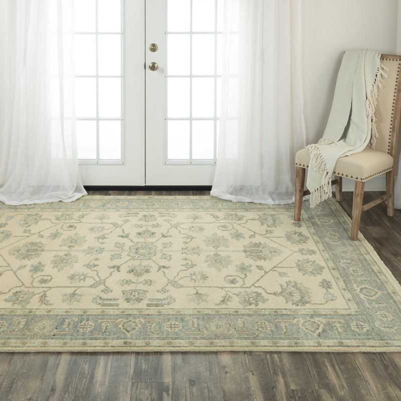 Tapis crème / bleu clair en laine noué à la main Belmont, Rectangle 8 pi x 10 pi