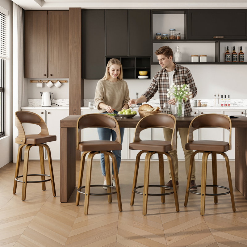 26" Swivel Counter Height Bar Stools with Arms and Back, Brown, Brown