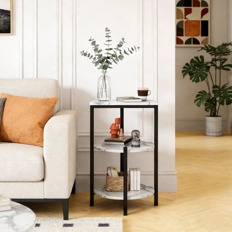 Round End Table Set Of 2, Small Side Table, Faux Marble Modern Nightstand Sofa Side Table Bed Side Table W/Metal Frame For Living Room, Bedroom, Office, Bathroom