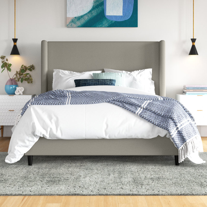Ana Upholstered Wingback Bed, Grey Canvas, Queen