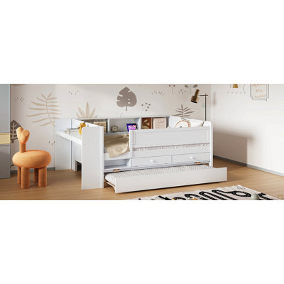 Multi-Functional Twin Daybed with Drawers and Trundle,  Headboard Storage and Tables, USB Charging Station, White