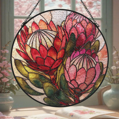 1PC Round Stained Glass  Window Hanging Suncatcher -Stained Glass Protea with Metal Chain,  for Wall & Garden Decor, Unique Housewarming & Mother's Day Gift Idea & Indoor Outdoor Use