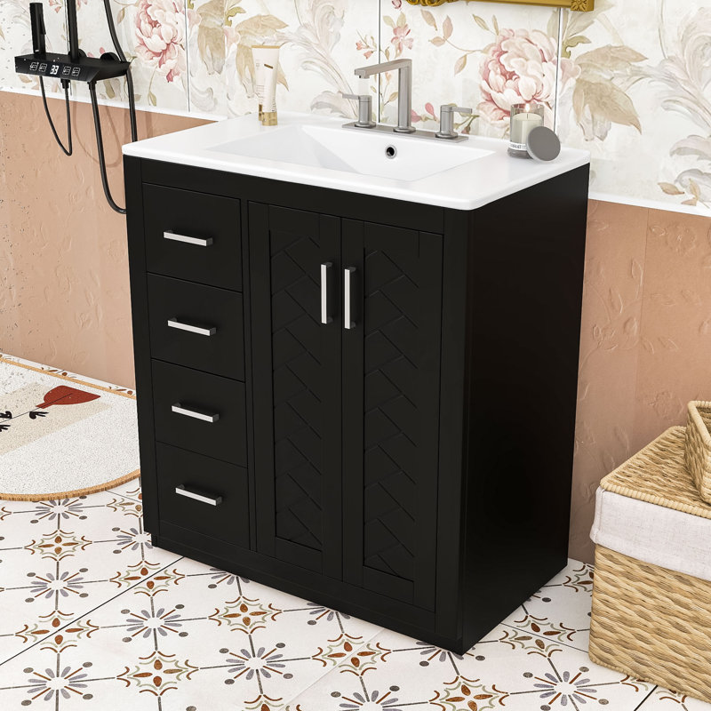 Armoire de salle de bain Farmhouse avec lavabo en céramique, 3 tiroirs et portes à fermeture douce, Noir