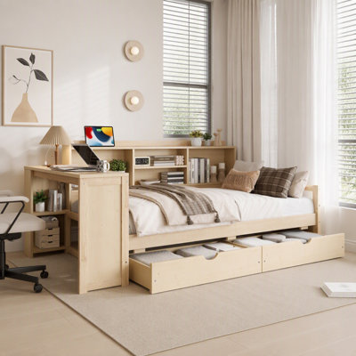 Lit de jour simple en bois massif de style scandinave pour enfants, tiroirs de rangement, bureau, port de charge et bibliothèque, naturel