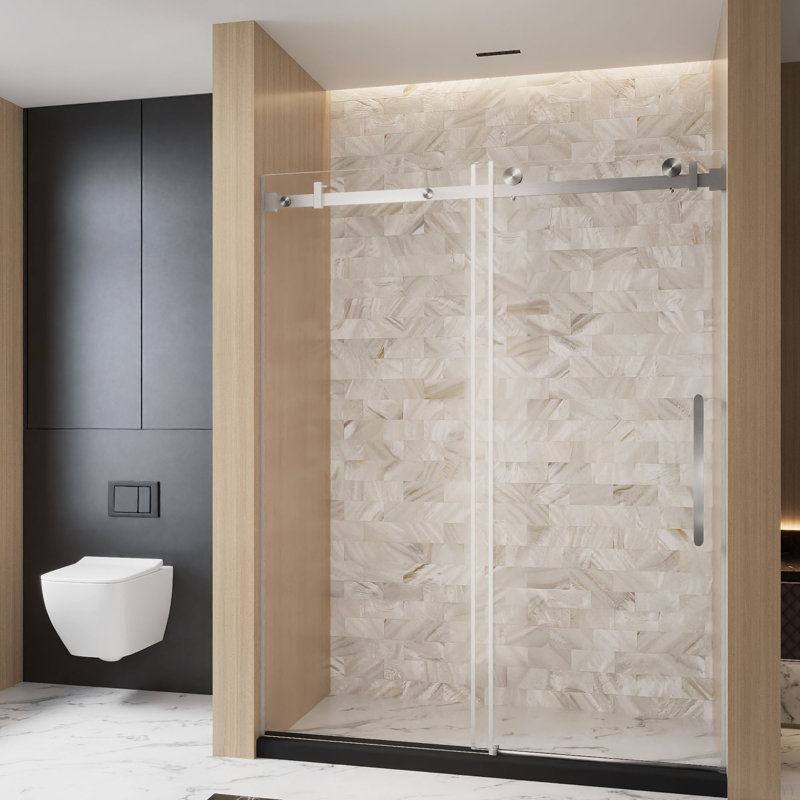 Frameless Single Sliding Shower Door , 1/4 "(6 Mm) Clear Tempered Glass, Explosion Proof Film, Stainless Steel Handle Square Tube Track