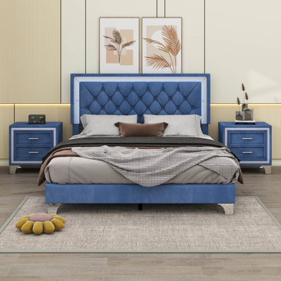 Naseer 3-Pieces Bedroom Sets, Queen Size Upholstered Platform Bed with LED Lights and Nightstands -  Red Barrel StudioÂ®, C29106E051F045E39BC2E522760D8F4C