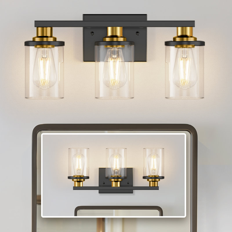 3 - Light Industrial Bathroom Vanity Light, 8.97" H x 17" W x 5.3" D, Matte Black/Gold, 3 Lights
