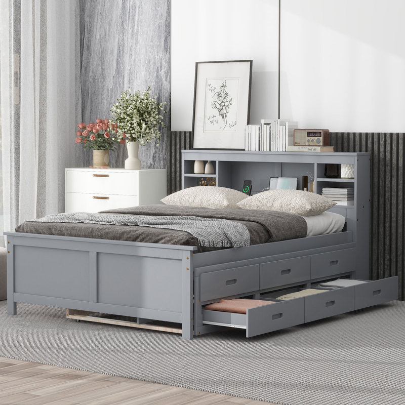 Lit plateforme double avec tête de lit, ports de chargement USB, lit gigogne et 3 tiroirs de rangement - gris, Lit double