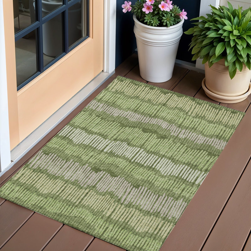 3' X 5' Olive Green And Gray Striped Washable Indoor Outdoor Area Rug