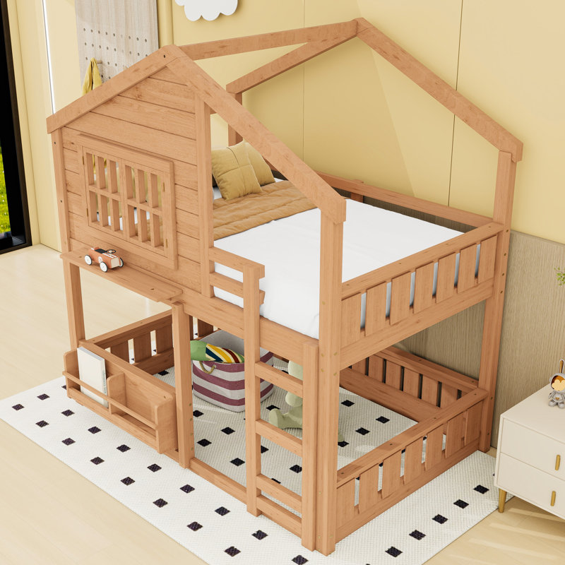 Wooden House-Shaped Bunk Bed With Window And Shelf, Full over Full, Natural