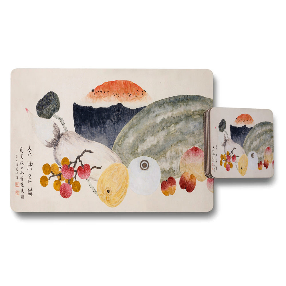 Fruit Placemats And Coaster Set With Watercolor Chinese Artwork