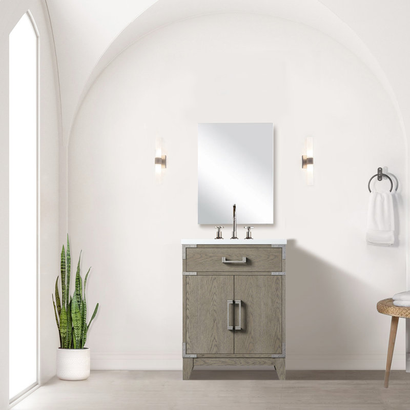 24 po L x P 18 en chêne gris avec comptoir en acrylique, robinet, miroir