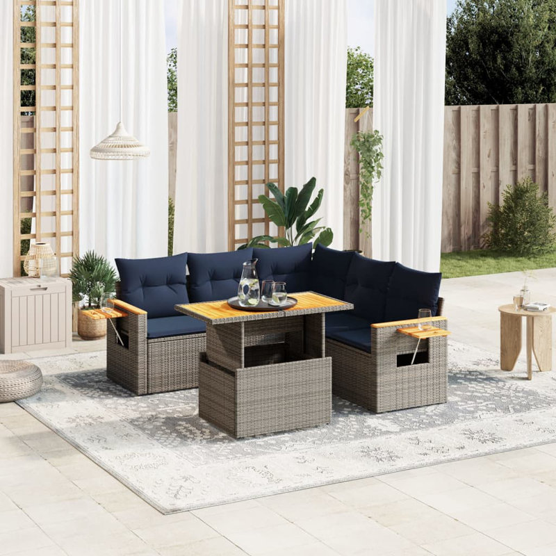  Ensemble de canapé de patio 6 pièces avec coussins en rotin de polyester, Bleu, Gris