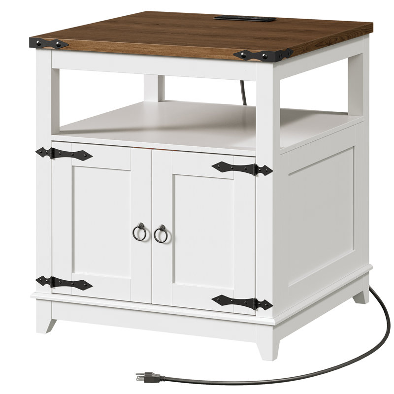 Table de bout l 23,6 po avec station de charge et rangement, Blanc/noyer