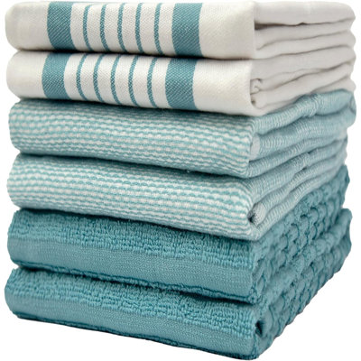 Premium Kitchen Towels (6 Pack) |  Cotton Dish Towels | Flat & Terry Highly Absorbent Kitchen Linen Set With Hanging Loop | Aqua