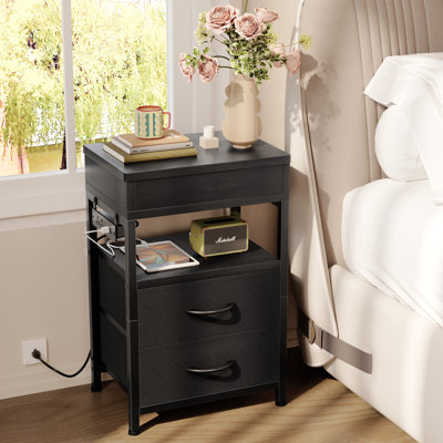 Modern Nightstand with Charging Station and Sliding Top