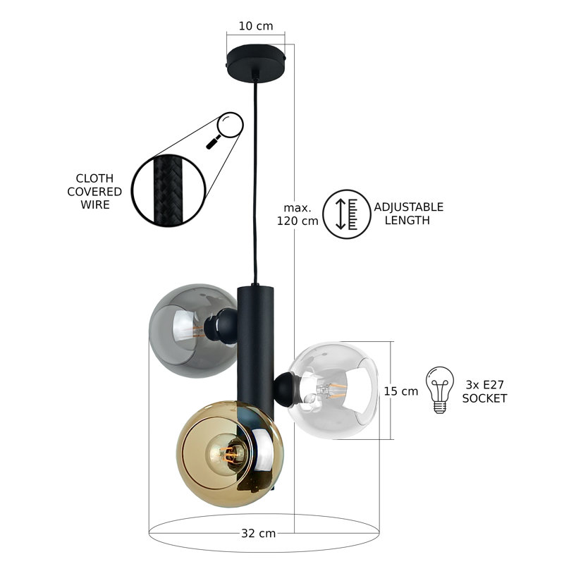 Anttwan 3 - Light Chandelier, Smoky/Honey/Clear