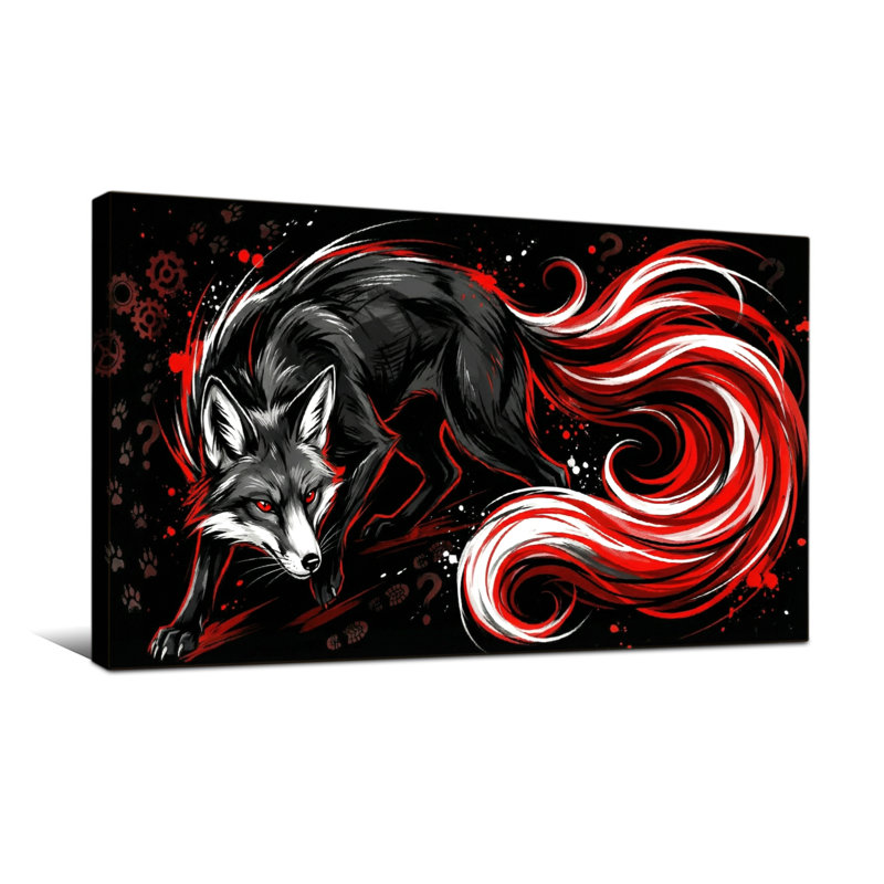 Animaux, renard noir avec queue rouge et fond mécanique, H 24 po x l 48 po