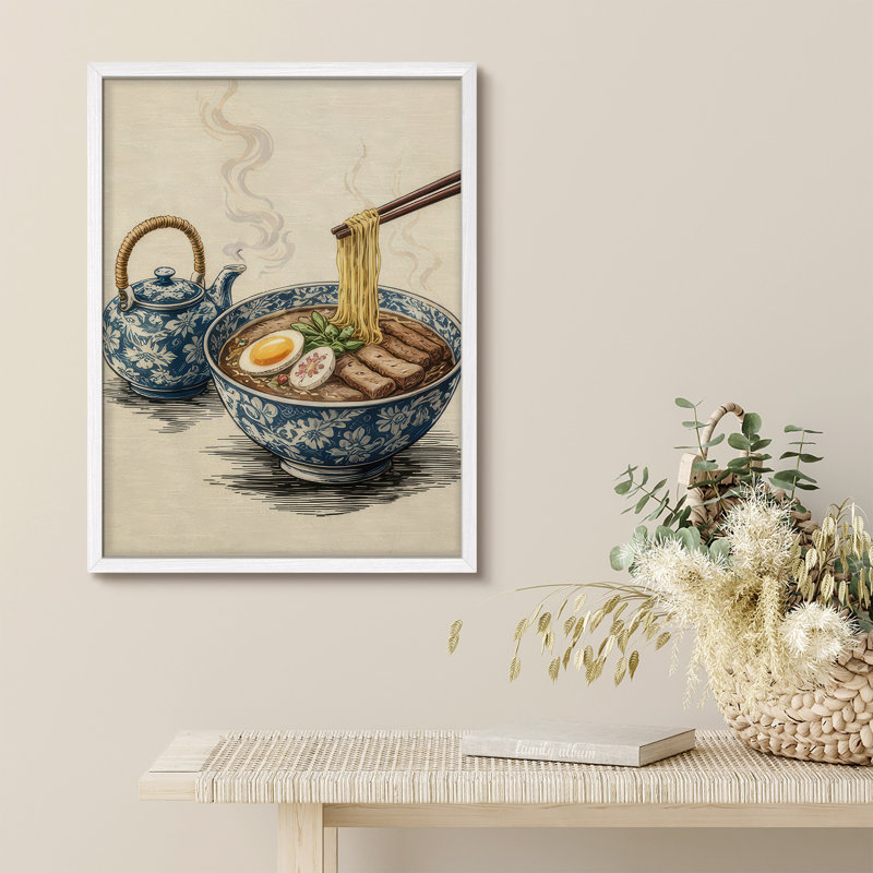 Ramen Bowl with Teapot Framed Wall Art Prints - Asian Food Art for Kitchen Dining Area, H 10 po x l 8 po, Blanc