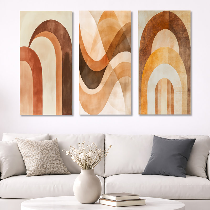Earthtone Arc Composition - Abstract Shapes, ensemble de 3 reproductions sur toile encadrées, 32" H x 48" W, Wrapped Canvas