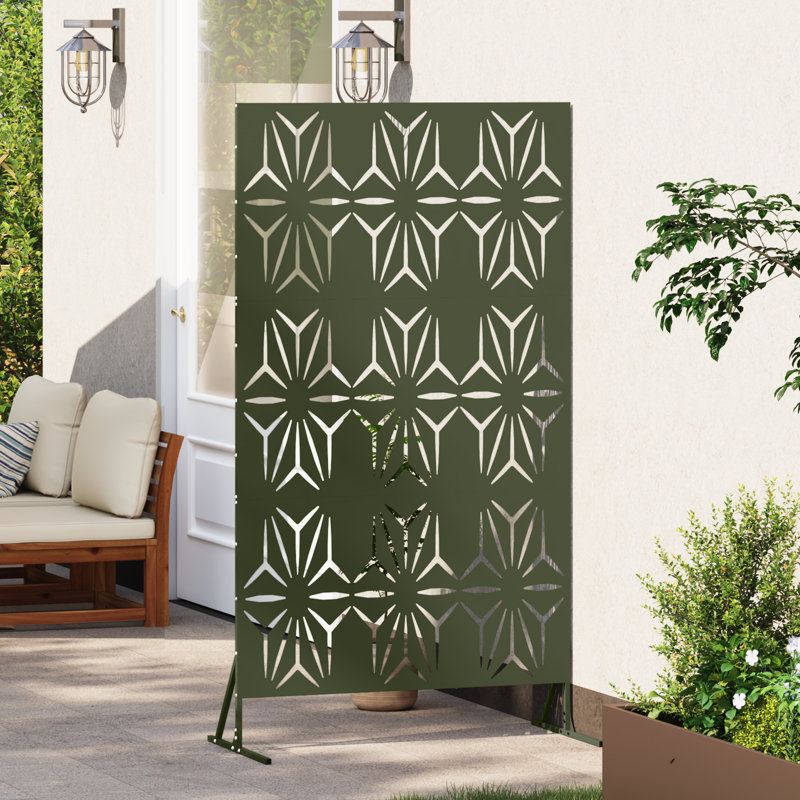 Metal Fence Panel Metal Large Patterned, Olive
