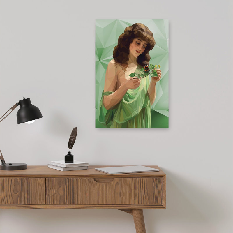 Contemplative Woman Butterfly Elegant Ethereal Geometric Butterfly Ivy Nature Portrait Wall Art Print 1 Piece Wrapped Canvas Wall Art
