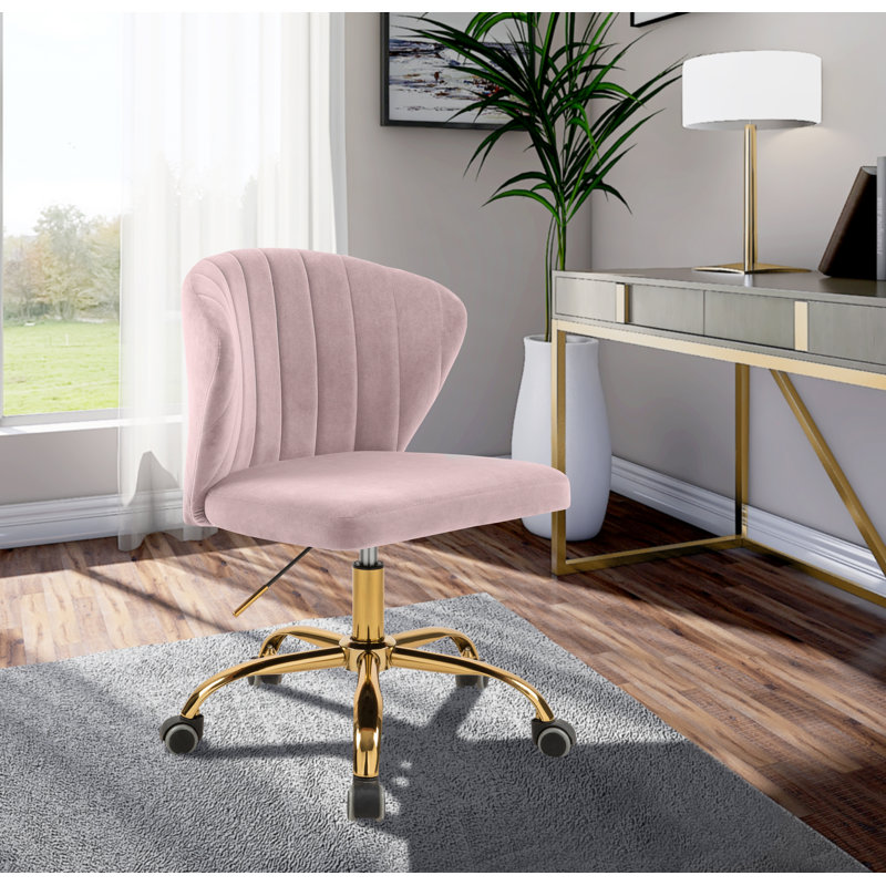 Chaise de bureau Finley, Velours rose, Doré