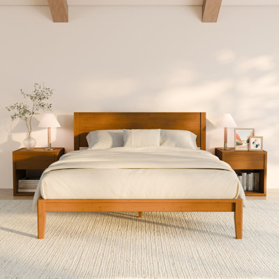 Base de lit à plateforme japonaise, style Mid-Century avec tête de lit haute, bois de bambou massif sans bruit, support de lattes robuste et robuste, assemblage sans outils et rangement