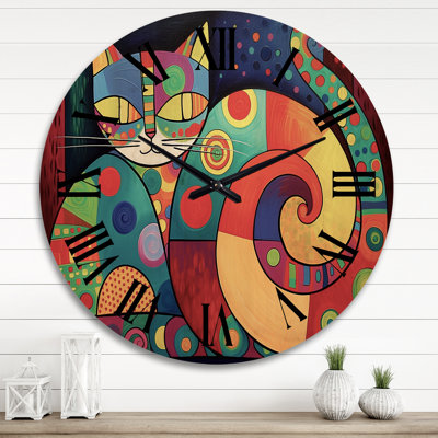 Colorful Portrait of Cute Cat I - Animals Cat Oversized Wood Wall Clock