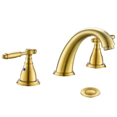 Widespread Brushed Gold 8 Inch 3 Hole 2-Handle Bathroom Faucet With Metal Pop-Up Drain Assembly, Low Arc Bathroom Sink Faucet