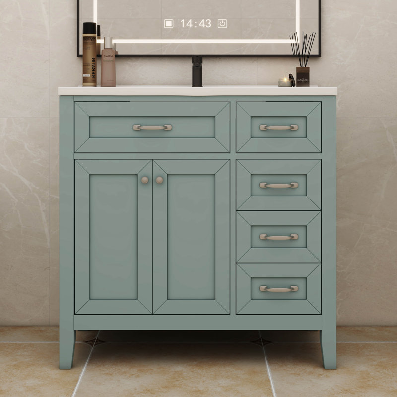 Base de meuble-lavabo pour salle de bain 36 po avec tiroirs pratiques, Vert / Argent