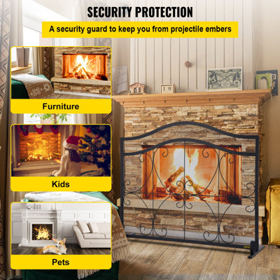 Fireplace Screen, 38 x 26.5 Inch,Heavy Duty Iron Freestanding Spark Guard with Support, Metal Mesh Craft, Broom Tong Shovel Poker Included for Fireplace Decoration and Protection, Black