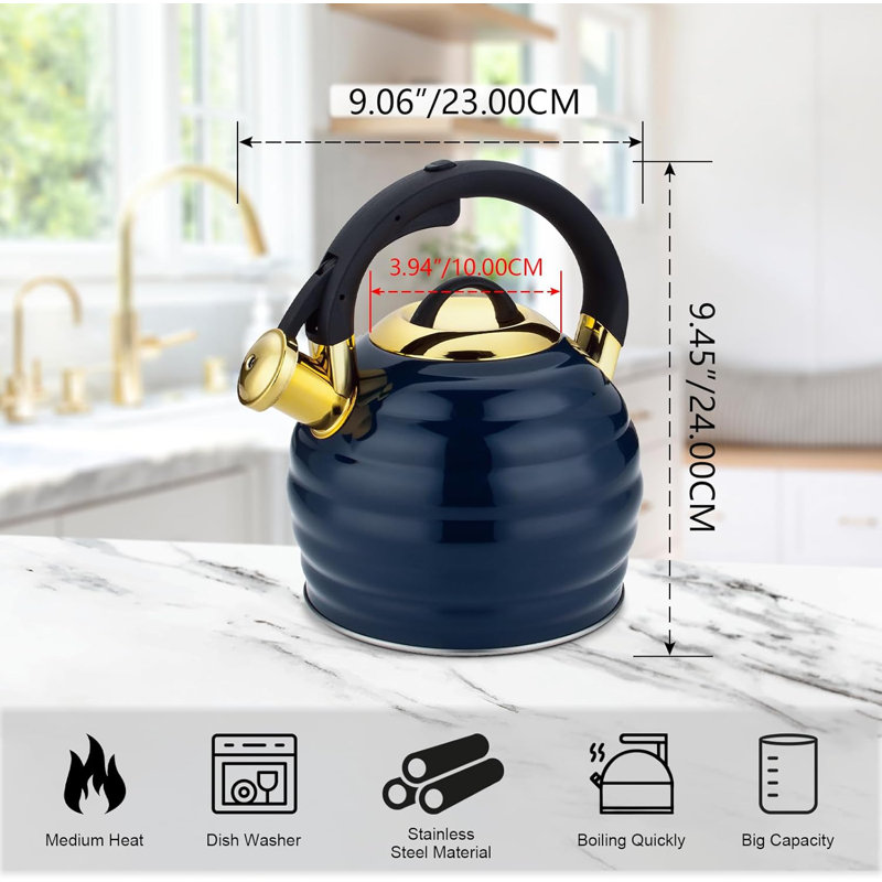 Stainless Steel Whistling Tea Kettle with Ergonomic Handle, 5-Layer Base Fast Boiling Teapot Compatible with Induction Gas Electric Stovetops