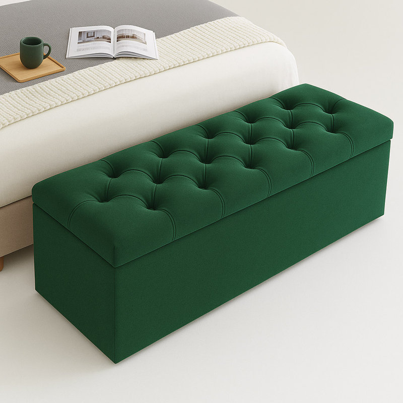 Divan Chesterfield Wide Velvet Rectangle Solid Color Standard Ottoman Box with Storage, Forest Green