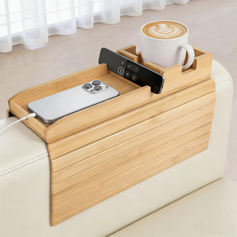 Bamboo Sofa Arm Tray With Cup Holder – Non-Slip Foldable Couch Table For Wide & Slim Armrests, Fits Cups Up To 3.5 Inches- The Fit Range (4.7–16.9 In)  - Natural