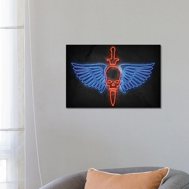 Skull And Wings Neon by Durro Art - Wrapped Canvas Print, 66.04 cm H x 45.72 cm W x 3.175 cm D